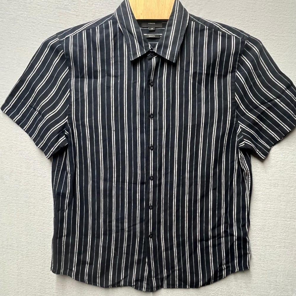 Vince Mens 100% Hemp Striped Short Sleeve Button Down Shirt Navy L M10251591